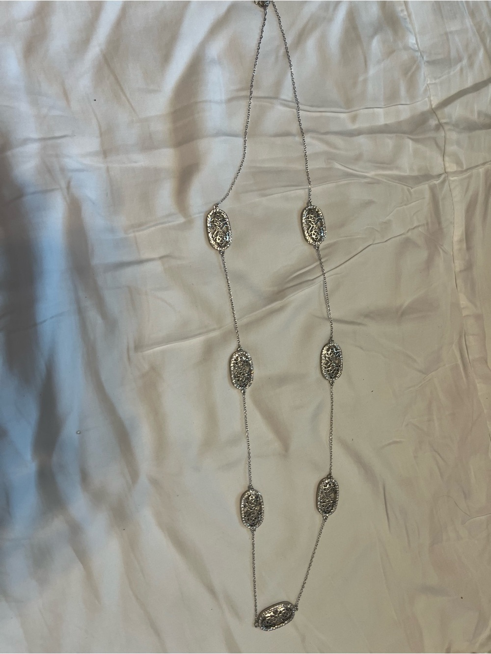 Silver Tone Filigree Long Station Necklace - Silver